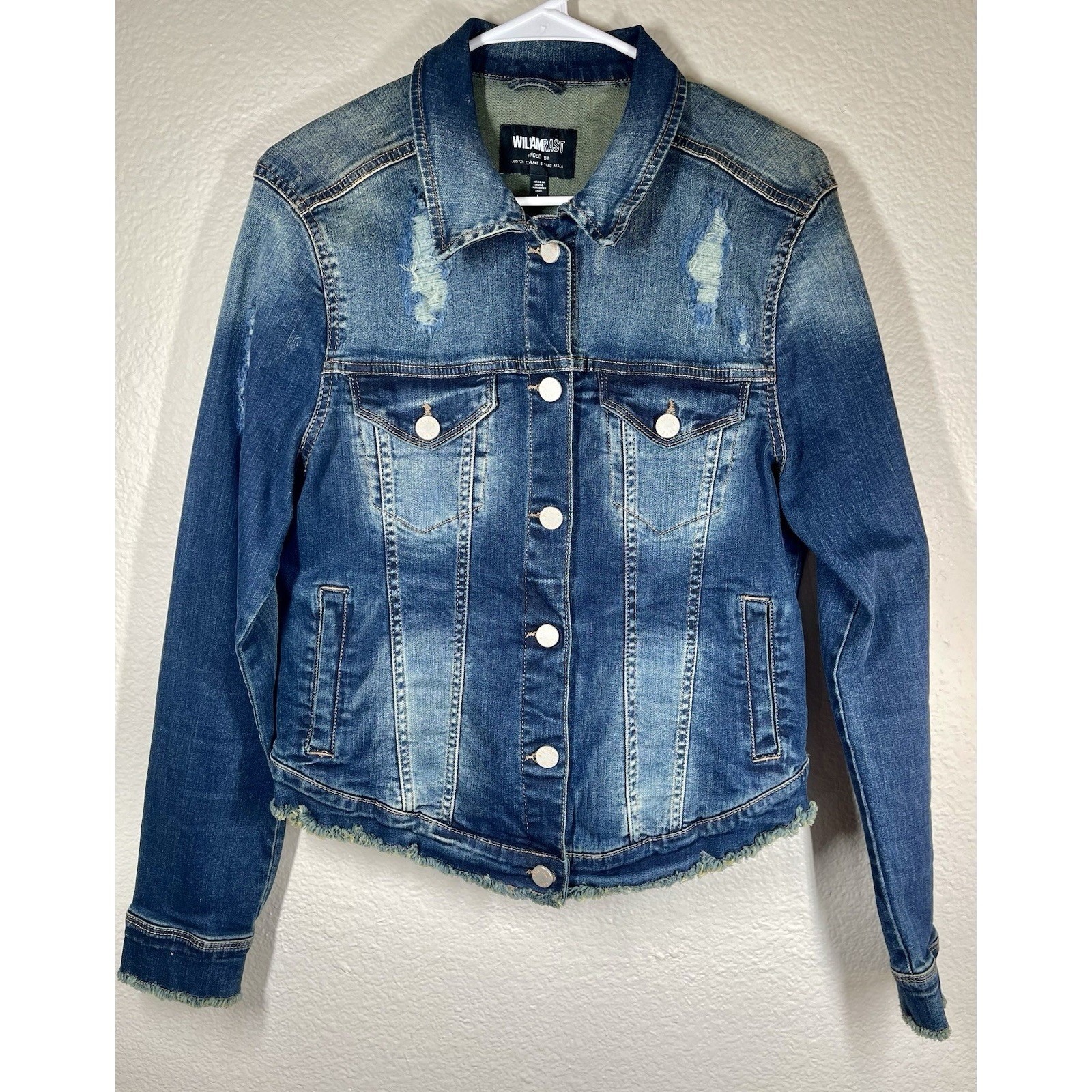 William Rast Juniors Jean Sz Lg Jacket Blue Buttons Pockets Collared Cotton